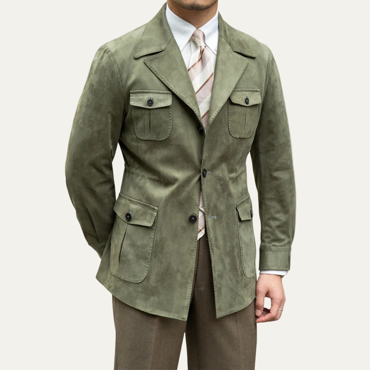 Men’s Suede Safari Jacket – Slim Fit with Four-Pocket Design 0