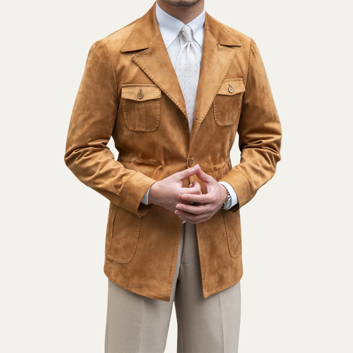 Men’s Suede Safari Jacket – Slim Fit with Four-Pocket Design 1