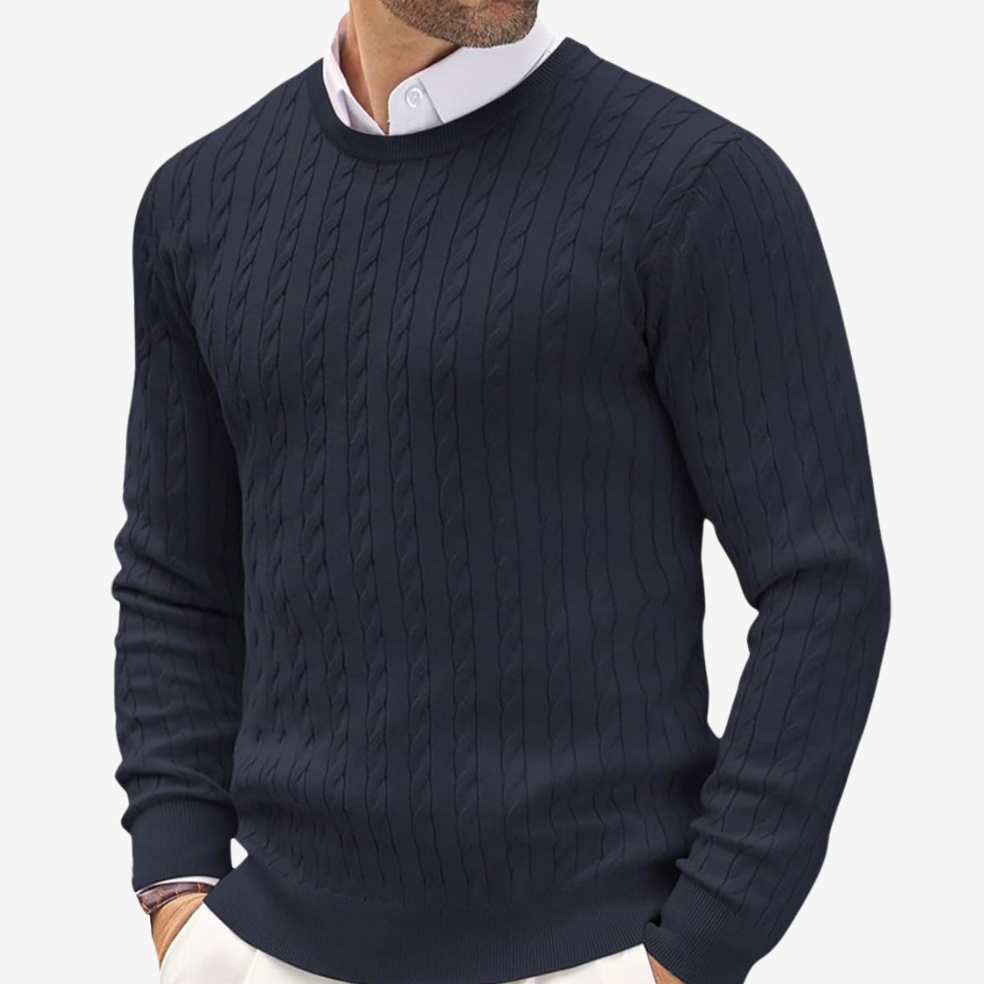 Men’s Sweater – Wool Blend – Tailored Fit – Crew Neck Cable Knit Long Sleeve 0