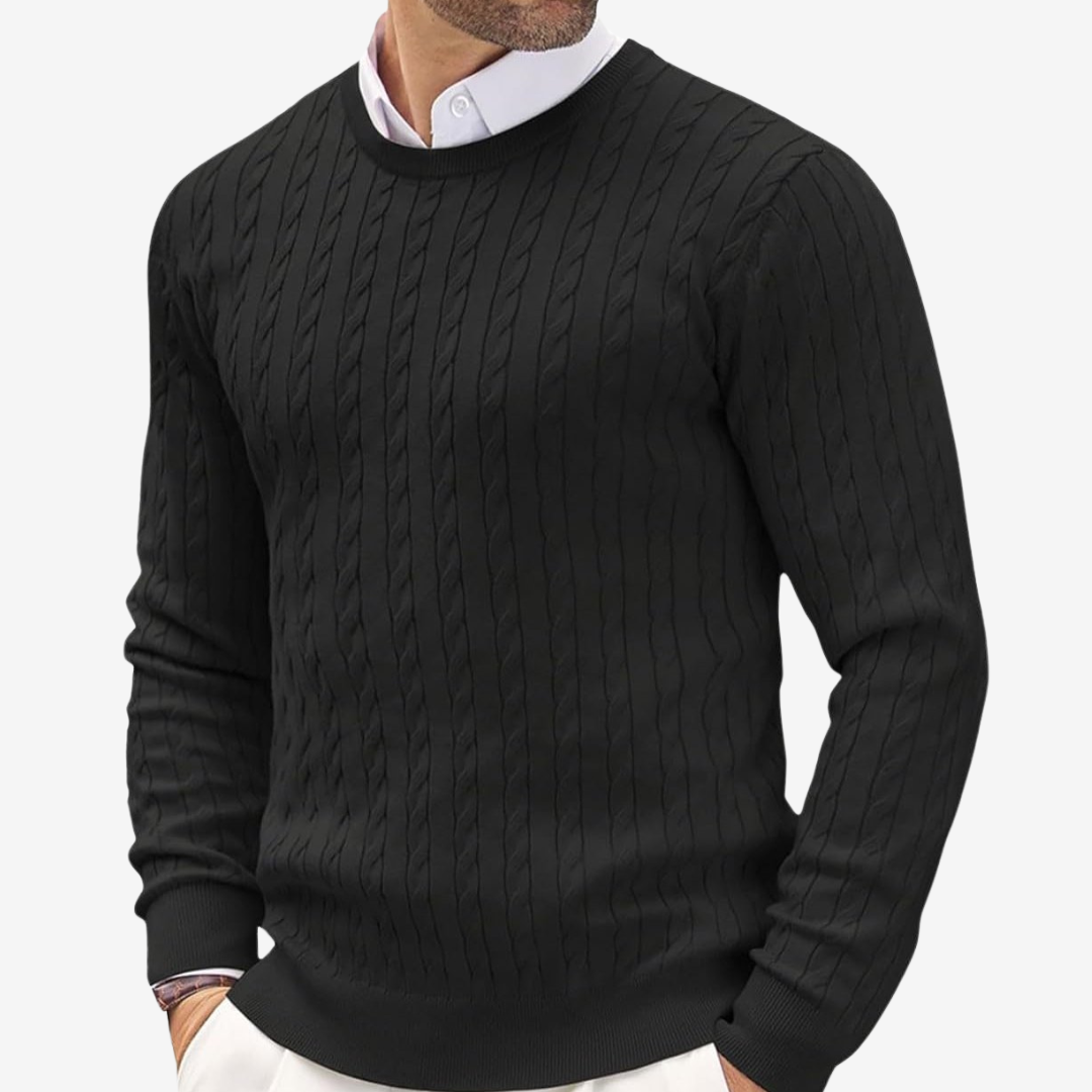 Men’s Sweater – Wool Blend – Tailored Fit – Crew Neck Cable Knit Long Sleeve 1