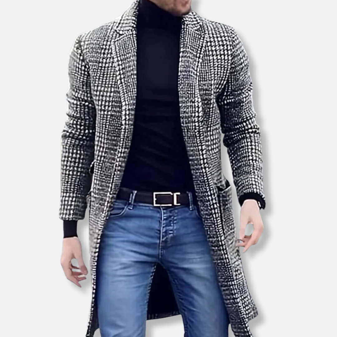 Men’s Trench Coat – Slim Fit – Wool Blend – Long Length – Checkered – Notch Lapel 0