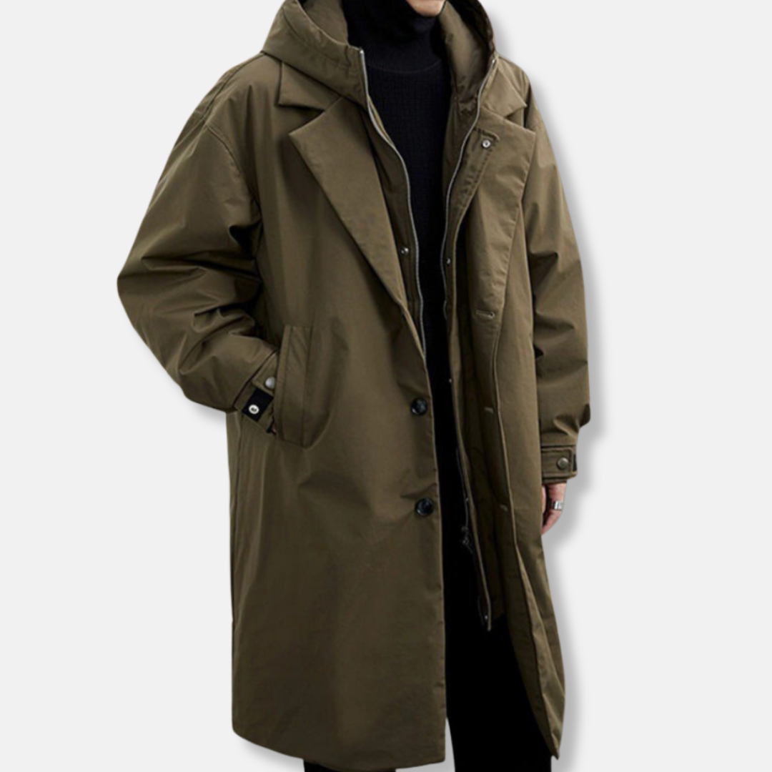 Men’s Trench Parka Coat – Oversized Relaxed Fit – Hooded – Faux Layered Design 1