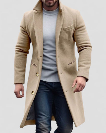 VogeLuxe | Men’s Long Gold-Button Trench Coat