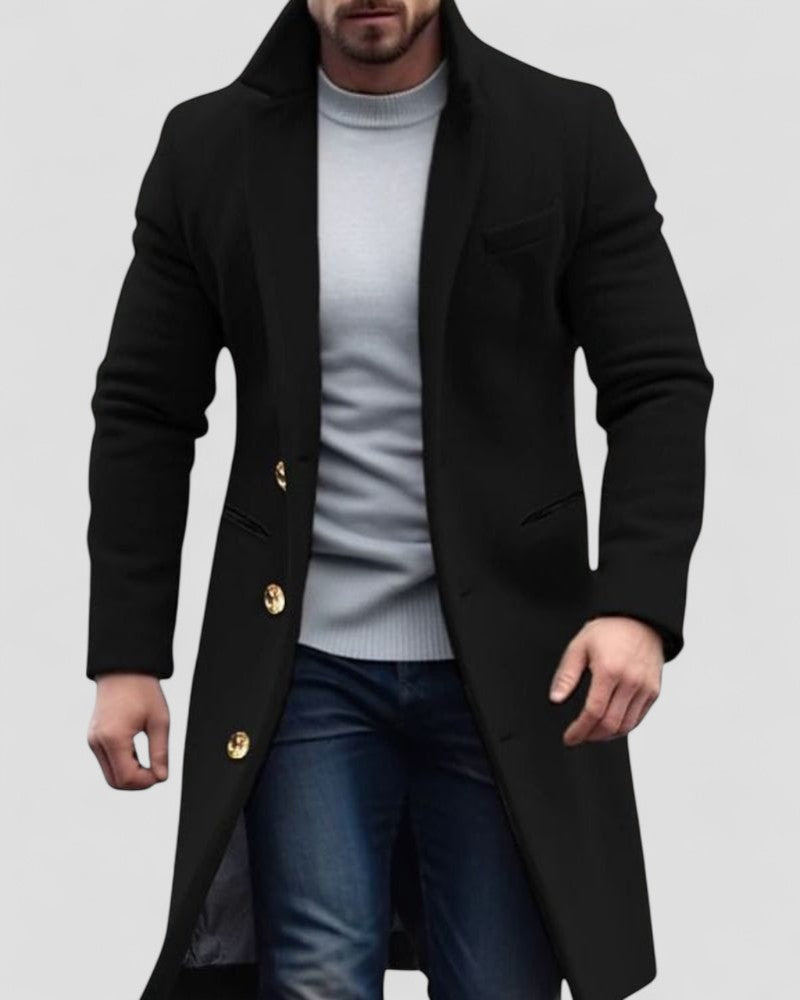 VogeLuxe | Men’s Long Gold-Button Trench Coat
