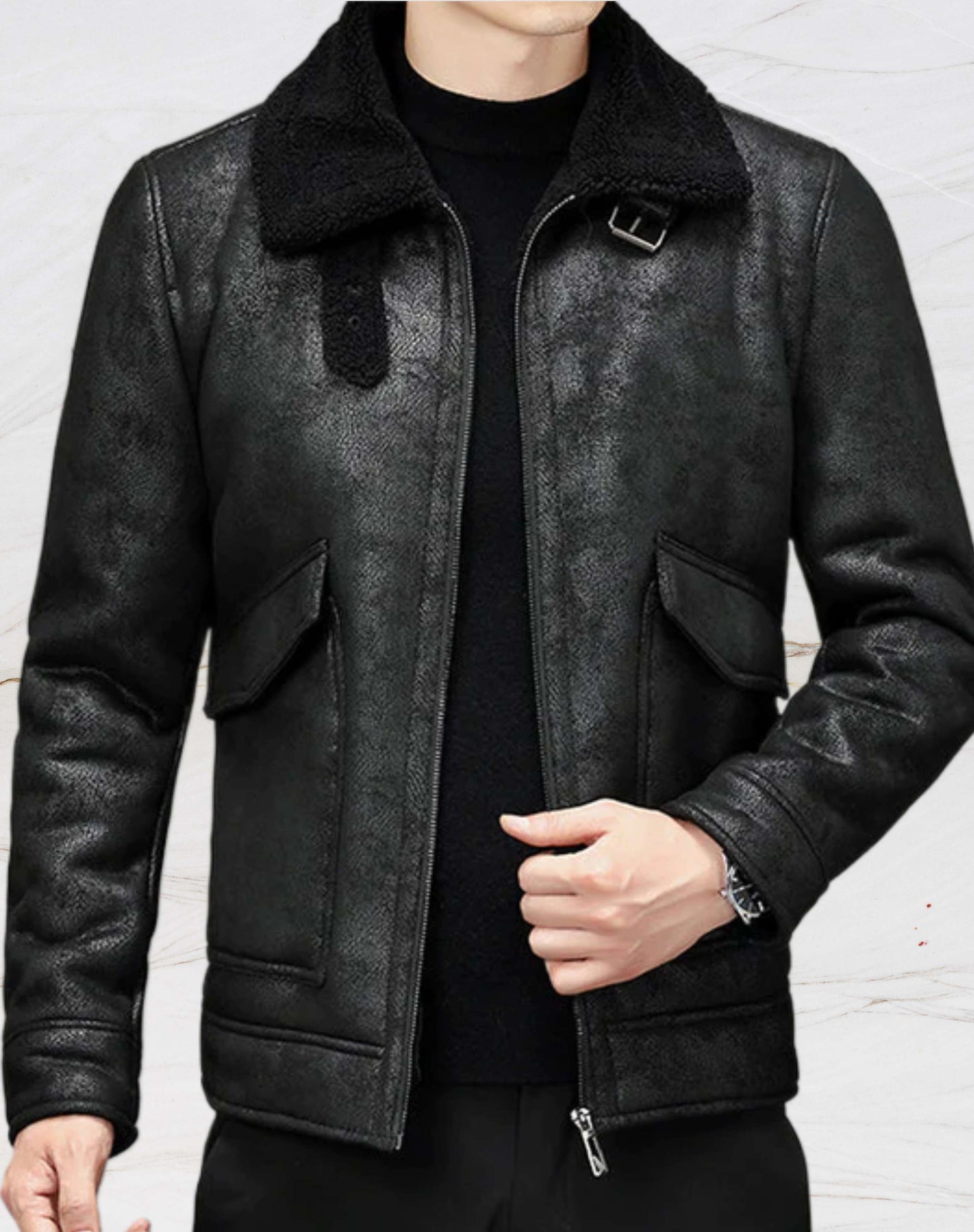 Classic Tan Leather Coat with Faux Fur Lining