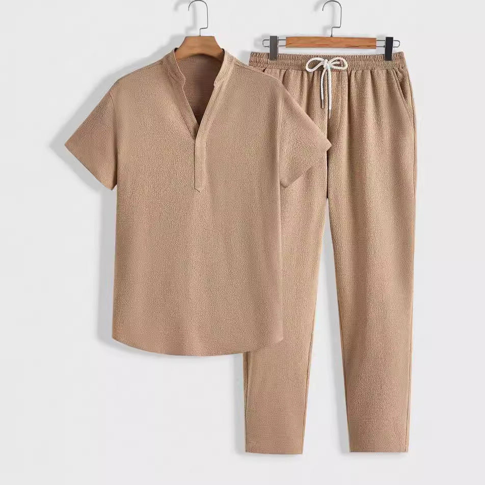 Casual Two-Piece Short Sleeve Shirt and Pants Set - VogeLuxe