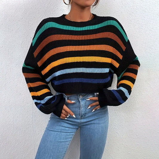 Warm Striped Crew Neck Women's Sweater - VogeLuxe