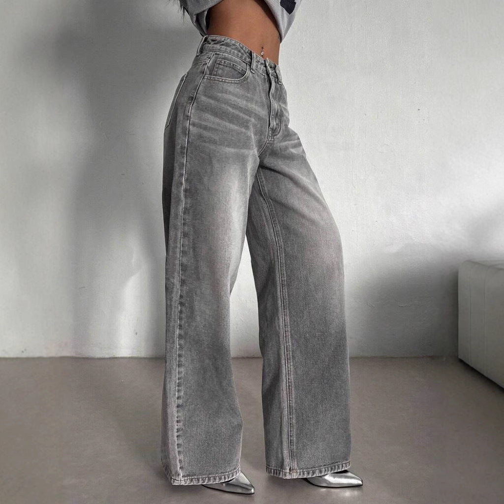 Dark Grey Slim Fit High Waist Straight Jeans - VogeLuxe