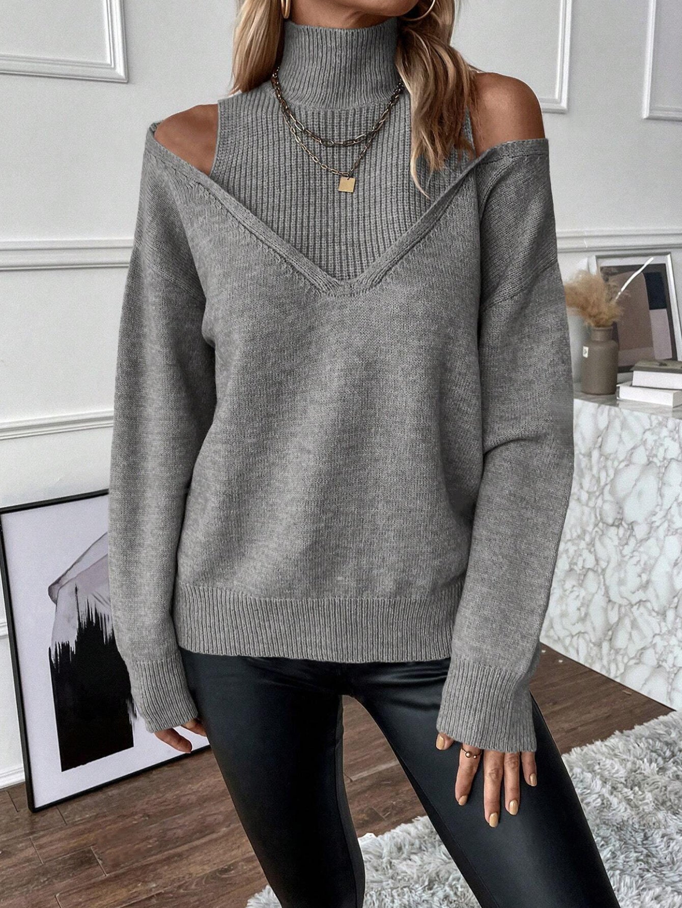 Chic Off Shoulder Turtleneck Women's Sweater