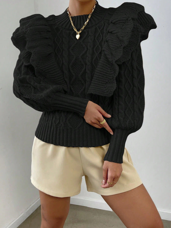 Feminine Ruffled Cable Knit Sweater for Women