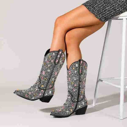 Decorative Mid Calf Western Boots for Women - VogeLuxe