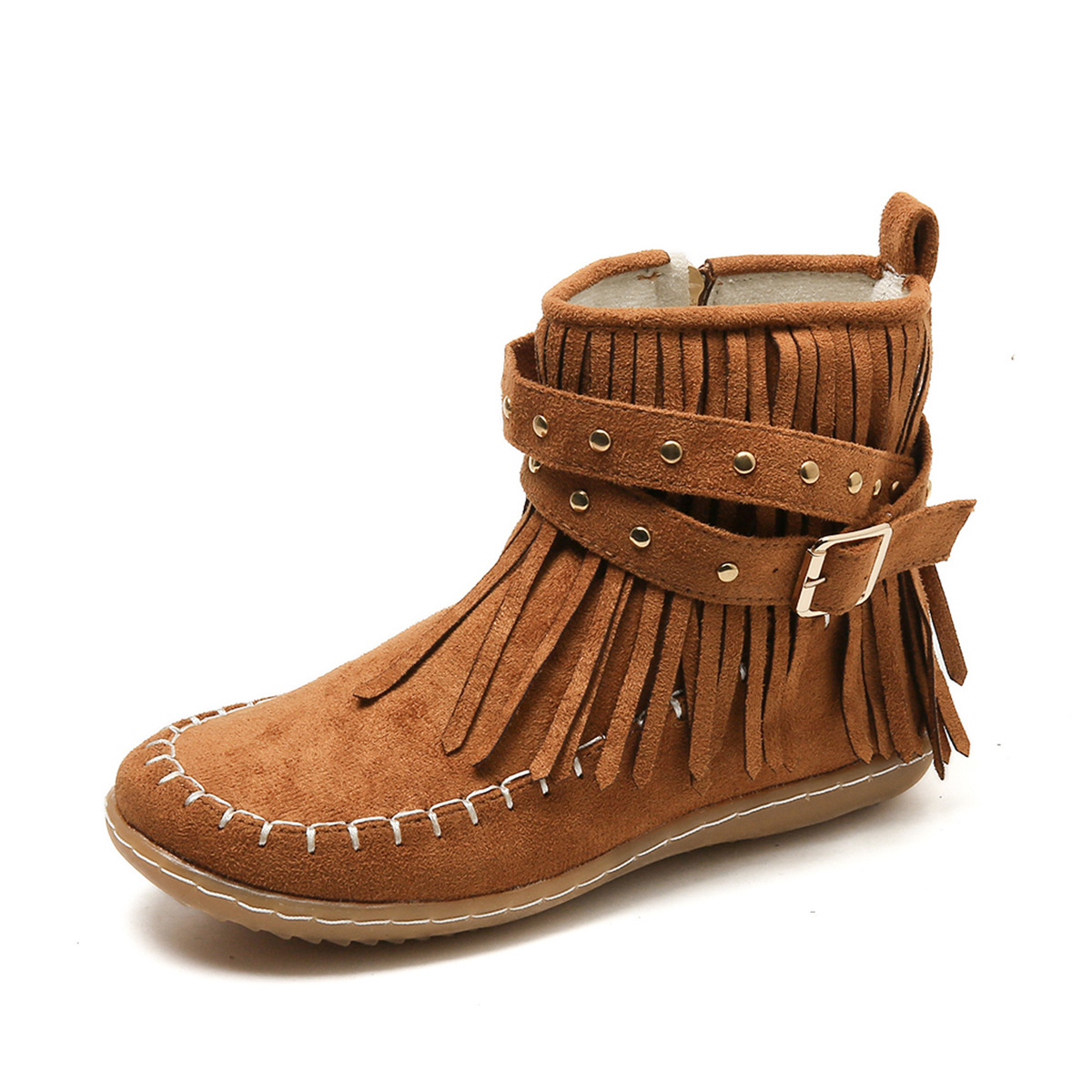 Fashionable Ankle Boots with Fringe and Buckle Detail