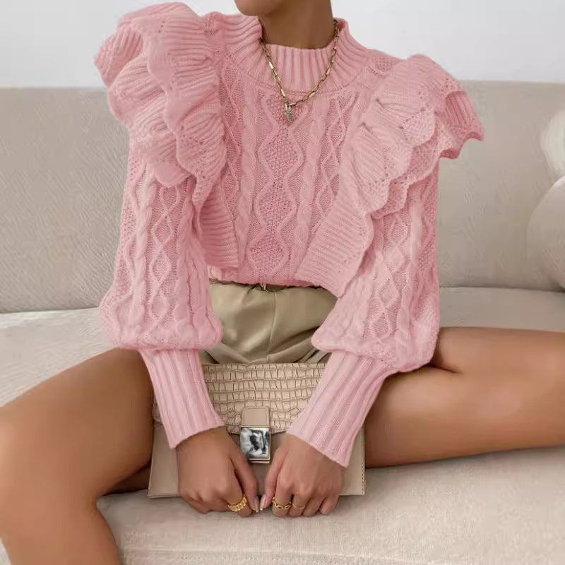 Feminine Ruffled Cable Knit Sweater for Women