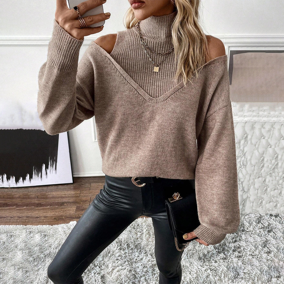 Chic Off Shoulder Turtleneck Women's Sweater - VogeLuxe