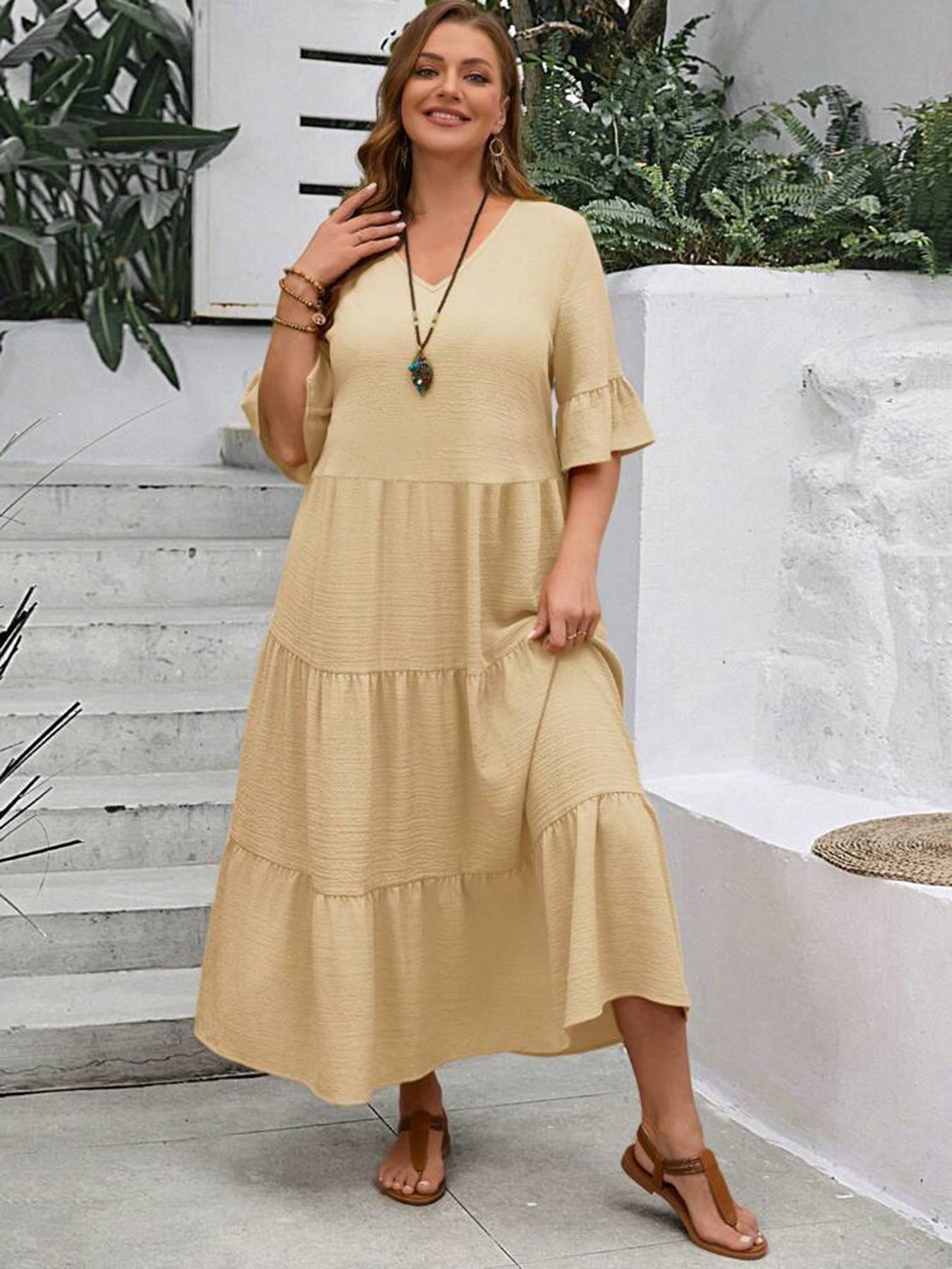 Stylish Plus Size V Neck Dress for Women - BritishElegance