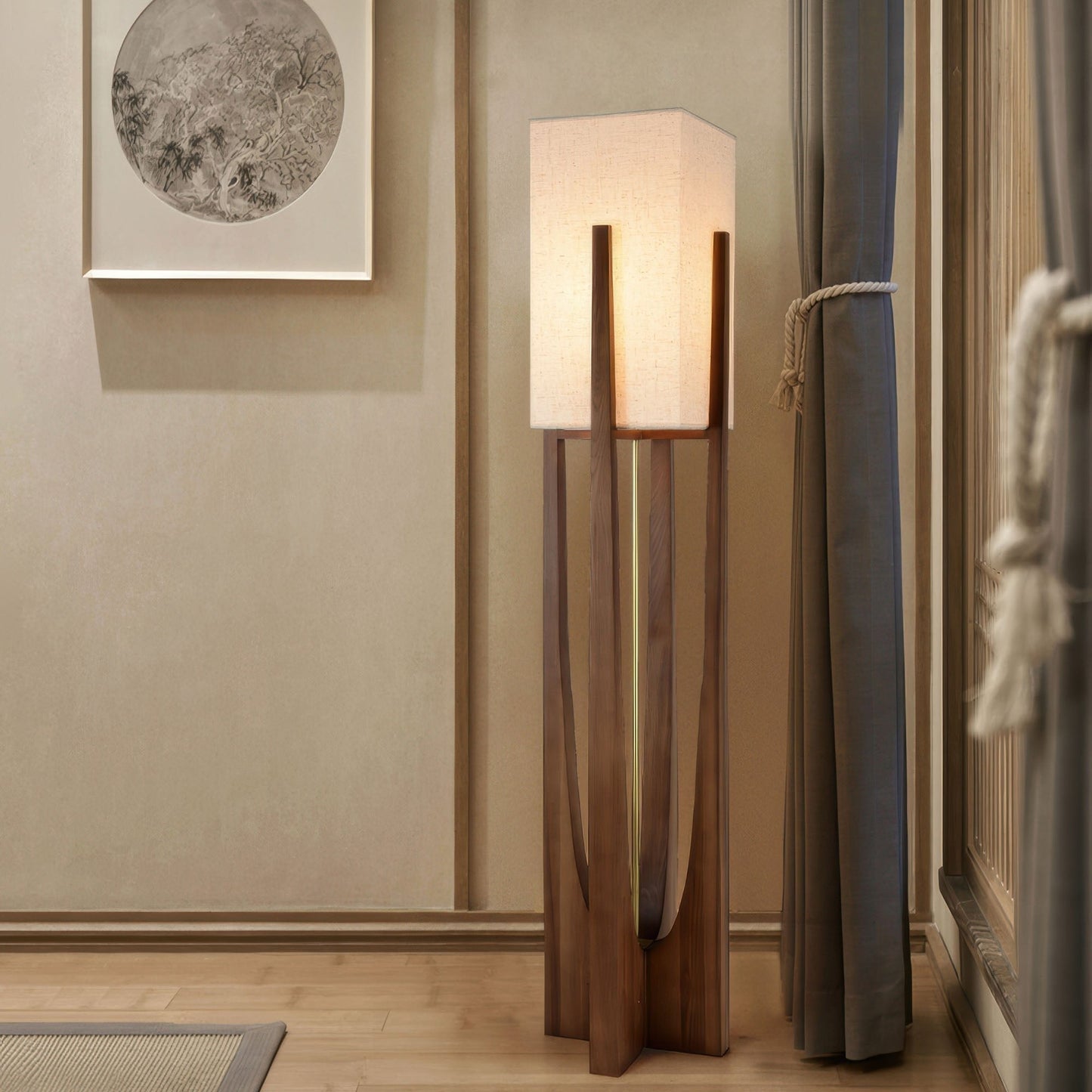 Rustic Wood Floor Lamp With Natural Linen Shade