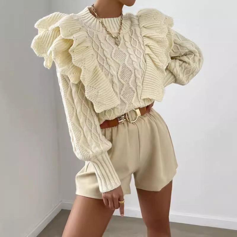 Feminine Ruffled Cable Knit Sweater for Women - VogeLuxe
