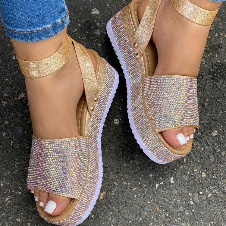Glittery High Heel Sandals - Thick Buckle Strap Sandals - VogeLuxe