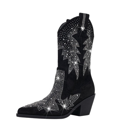 Sparkly Mid Calf Western Boots for Women - VogeLuxe