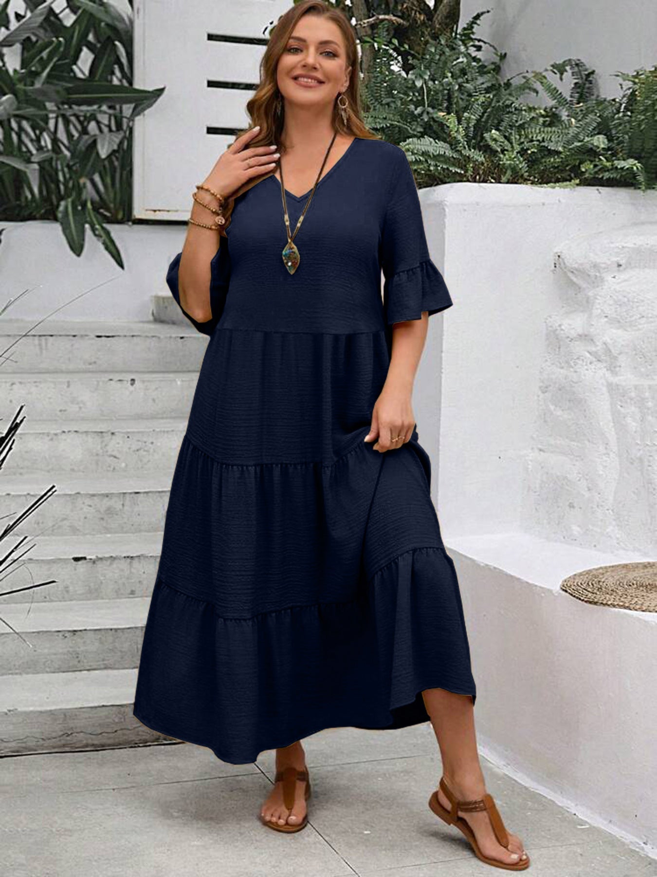 Plus Size V-Neck Women's Fashion Dress