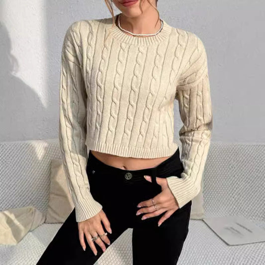 Women's Short Cable Knit Crew Sweater - VogeLuxe