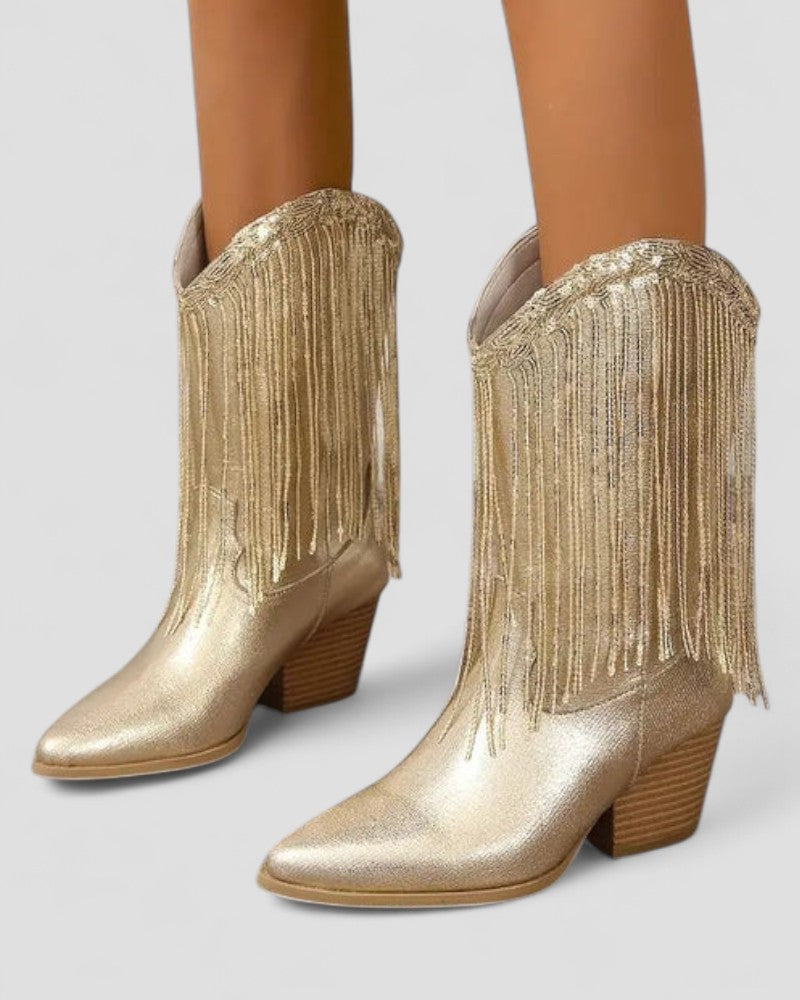 Orthopedic Fringe Metallic Western Cowboy Boots for Women