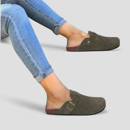 Orthopedic Suede Clogs with Buckle Strap Lining