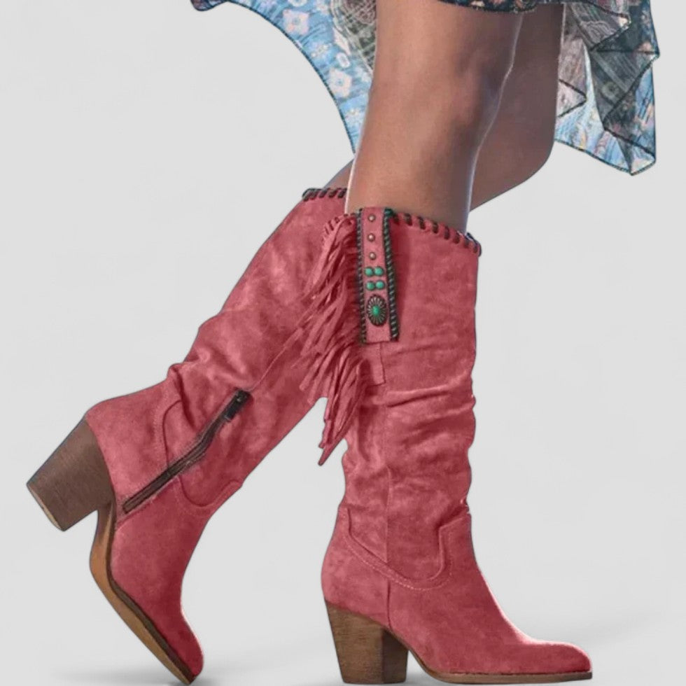 Orthopedic Suede Fringe Knee High Western Boots for Women