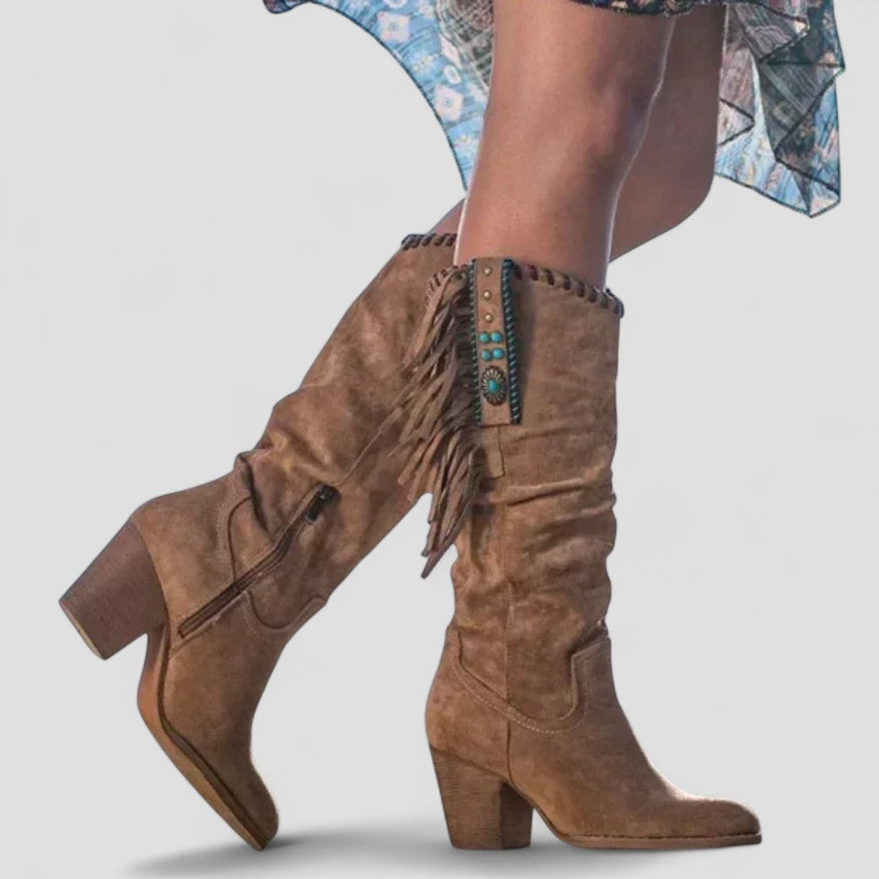 Orthopedic Suede Fringe Knee High Western Boots for Women