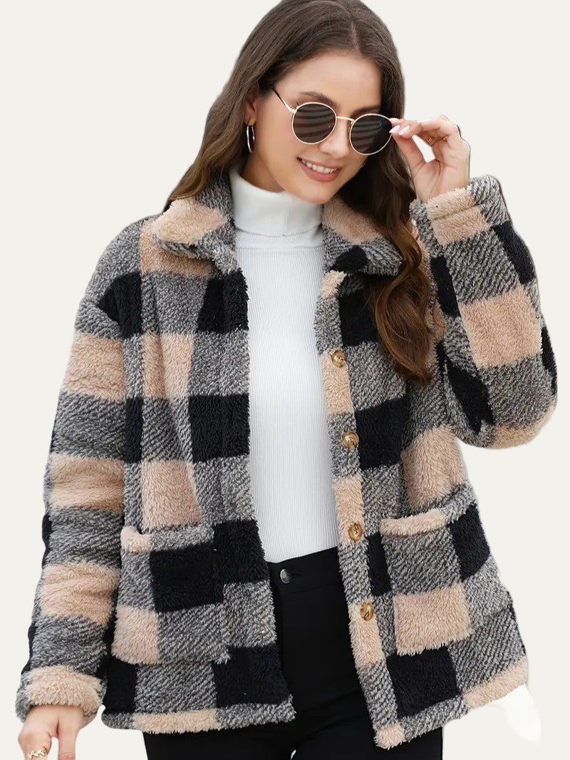 Plaid Button Teddy Jacket with Pockets 0