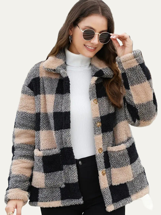 Plaid Button Teddy Jacket with Pockets 0