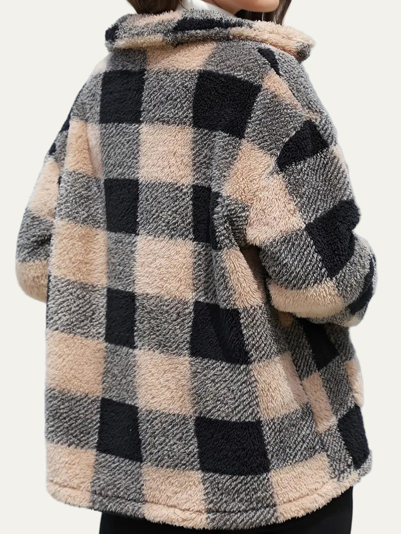 Plaid Button Teddy Jacket with Pockets 1