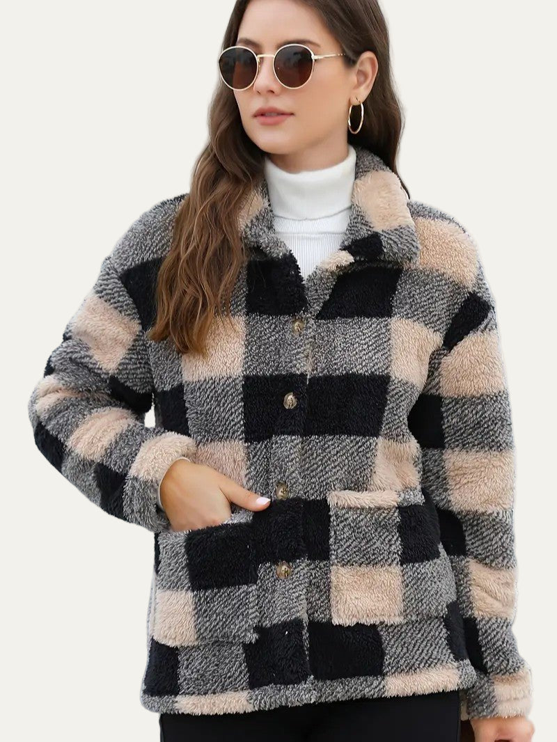 Plaid Button Teddy Jacket with Pockets 3
