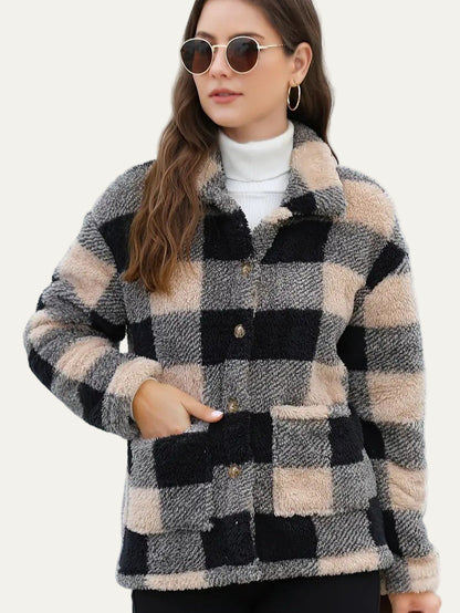 Plaid Button Teddy Jacket with Pockets 3