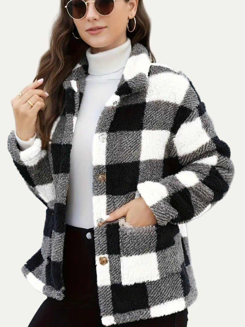 Plaid Button Teddy Jacket with Pockets 6
