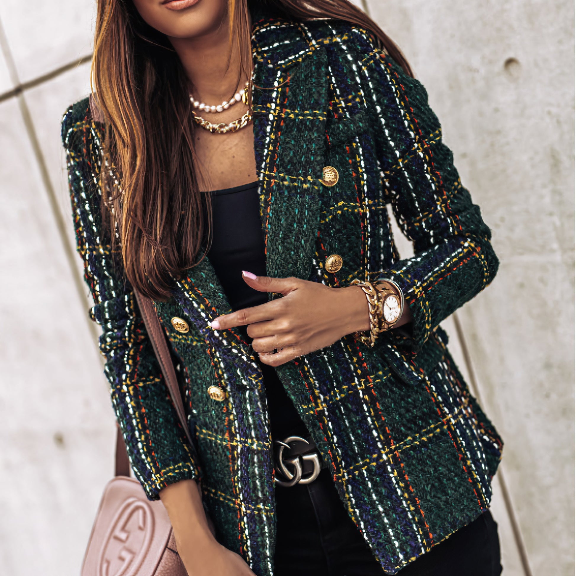 Classic Plaid Jacket for Women with Buttons Pockets - BritishElegance