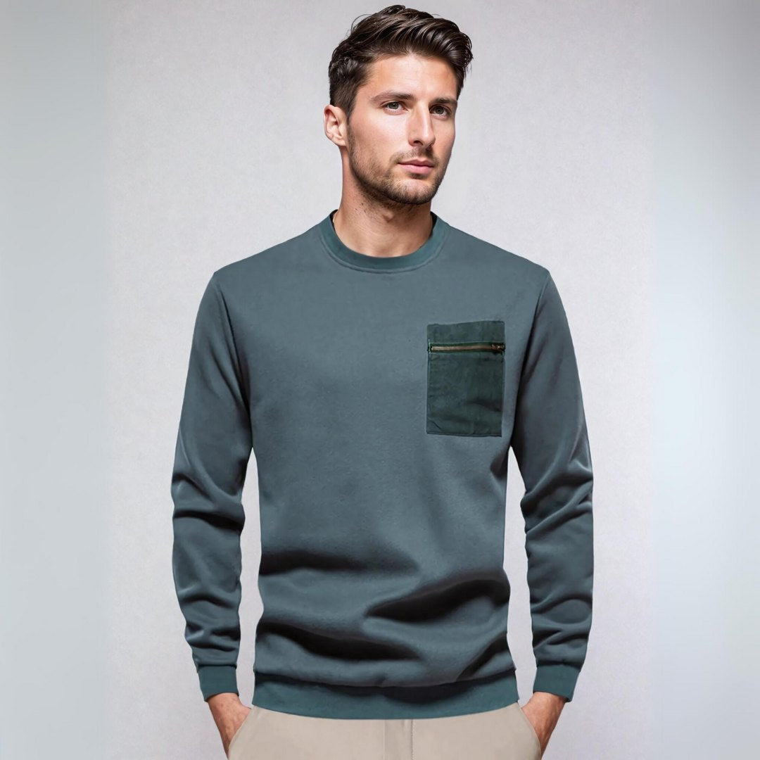Pullover Sweater - Ribbed Hem & Zipper Chest Pocket