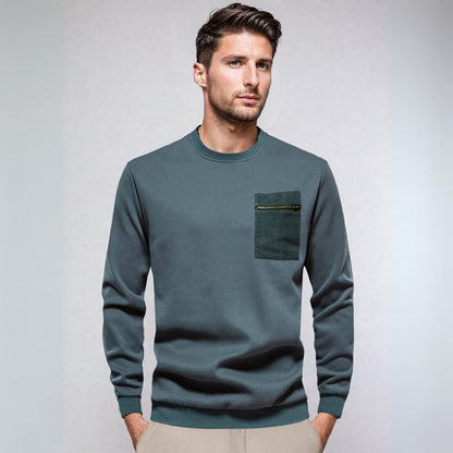 Pullover Sweater - Ribbed Hem & Zipper Chest Pocket
