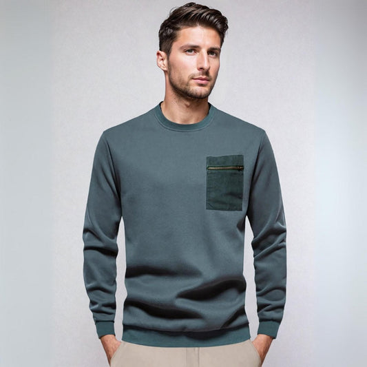 Pullover Sweater - Ribbed Hem & Zipper Chest Pocket