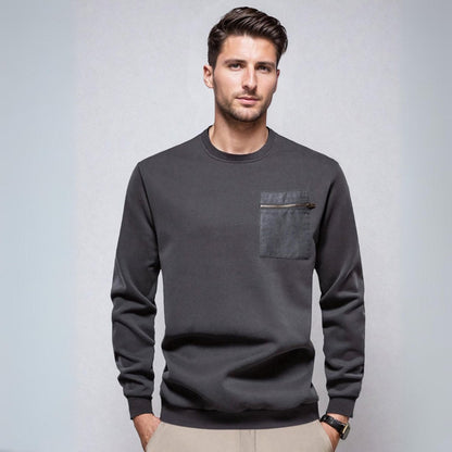 Pullover Sweater - Ribbed Hem & Zipper Chest Pocket