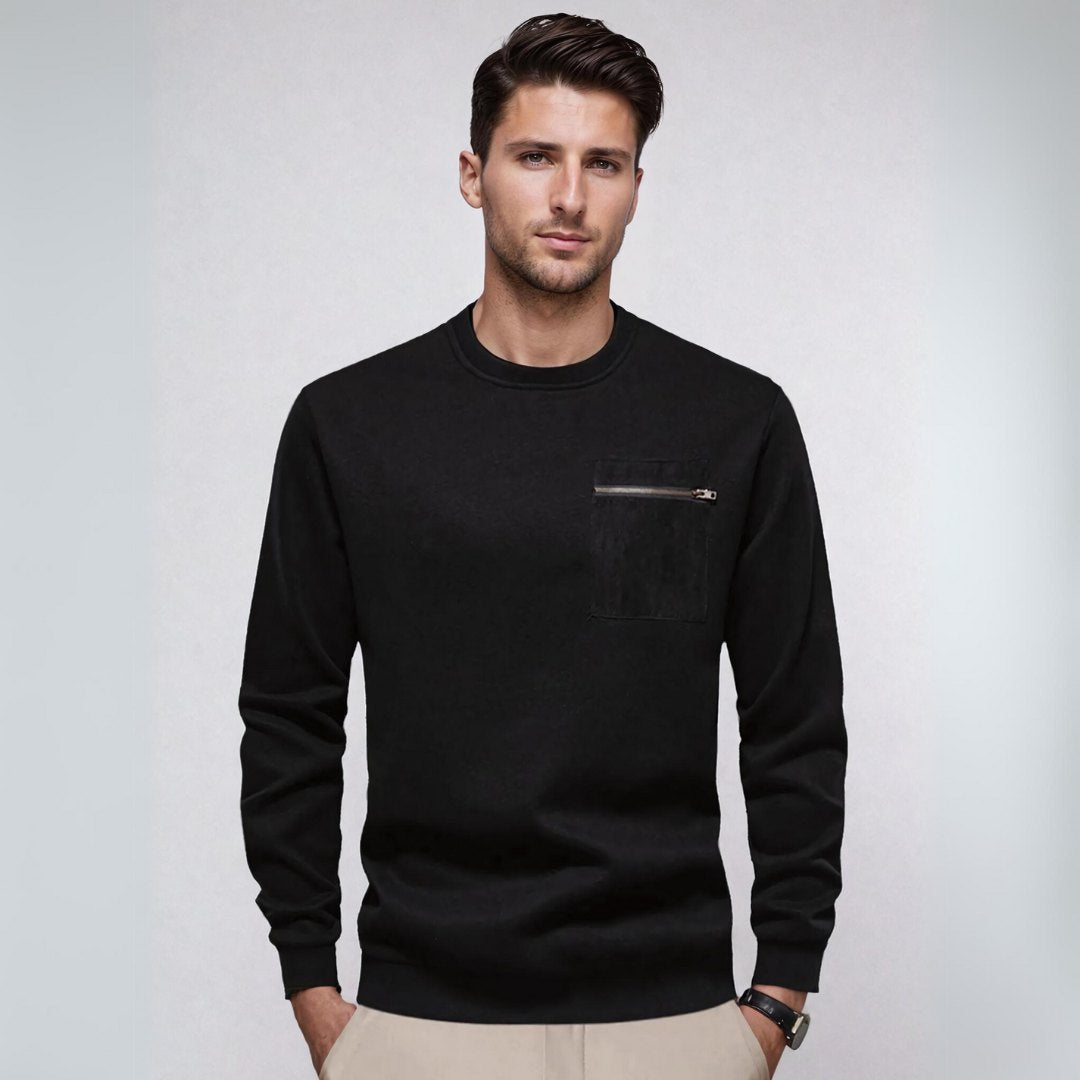 Pullover Sweater - Ribbed Hem & Zipper Chest Pocket