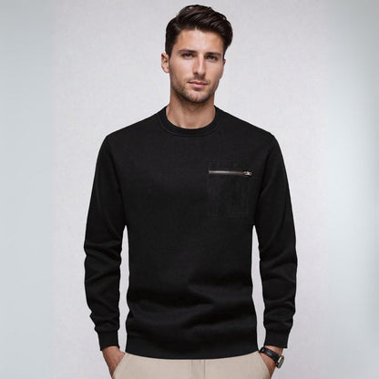 Pullover Sweater - Ribbed Hem & Zipper Chest Pocket