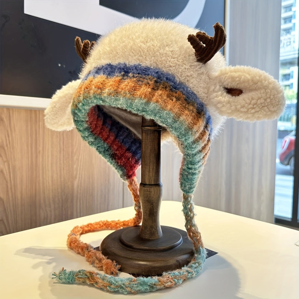 Warm Faux Fur Reindeer Beanie Hat for Women - VogeLuxe