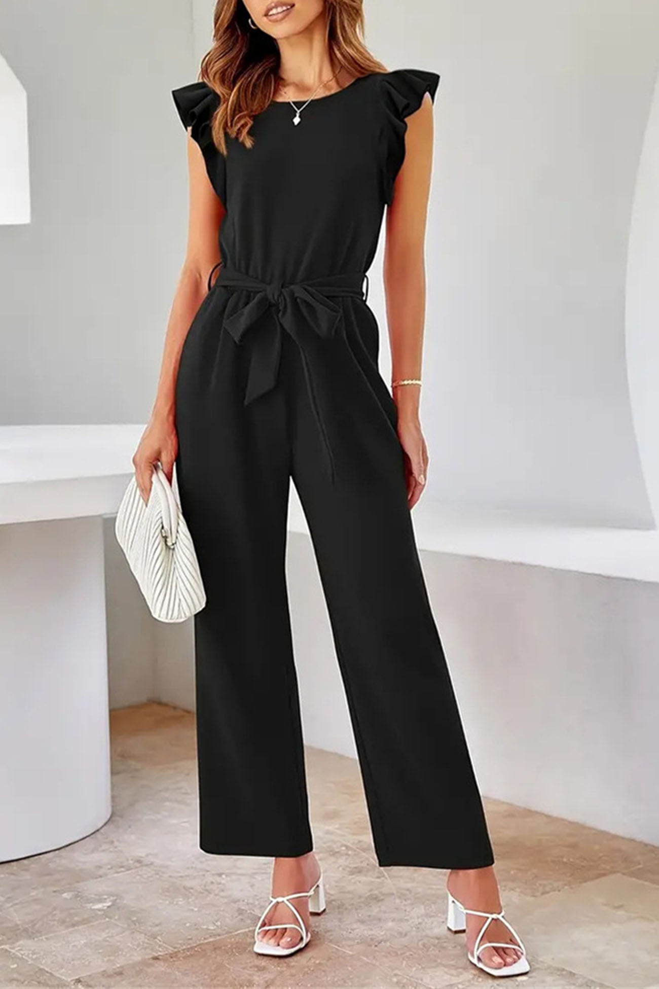 Chic Black Cold Shoulder Jumpsuit with Waist Belt