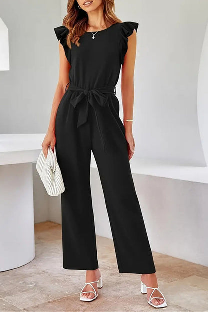 Chic Black Cold Shoulder Jumpsuit with Waist Belt
