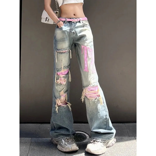 Classic Wide Leg Distressed Blue Jeans - VogeLuxe