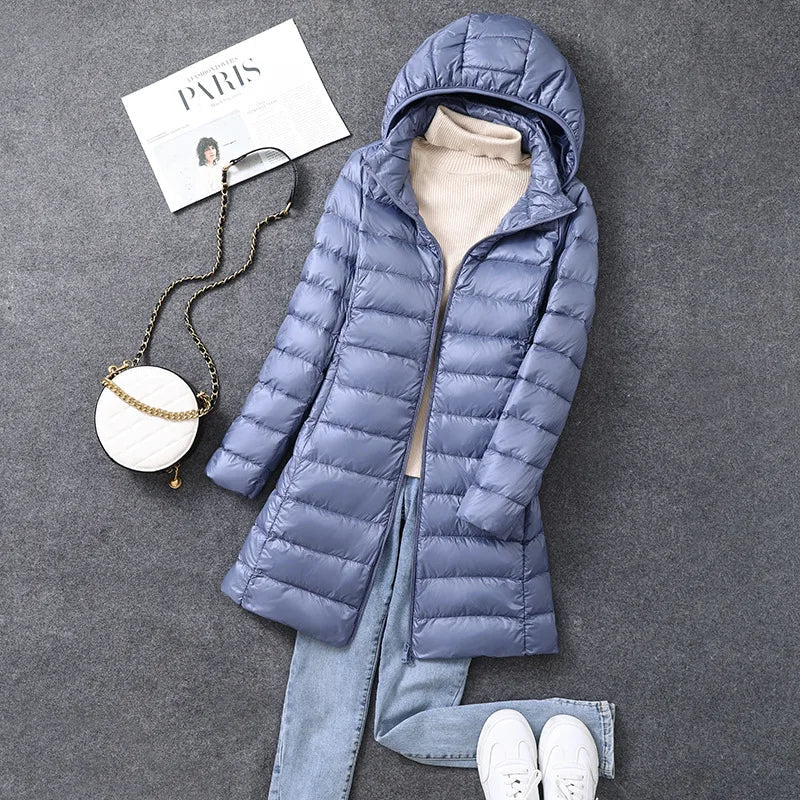 Long Women's Office Parka Detachable Fur Hat Coat