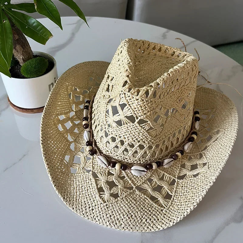 Rustic Natural Fiber Cowboy Hat - Brown Wooden Beads