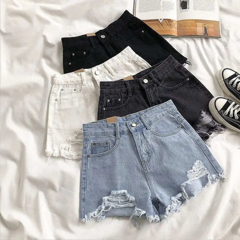 Trendy Distressed High Waisted Denim Shorts - VogeLuxe