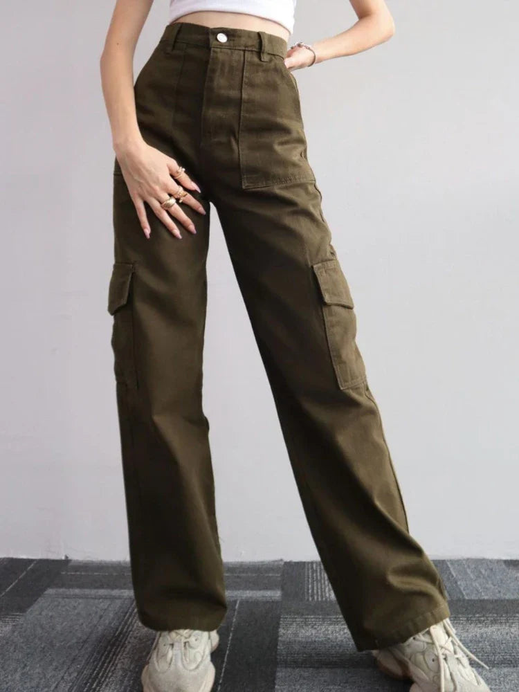 Retro Style Beige Cargo Wide Leg Jogger Pants